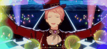 a man with pink hair wearing a top hat and a red jacket