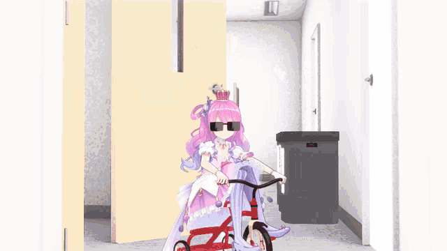 a girl with pink hair wearing sunglasses and a crown on her head