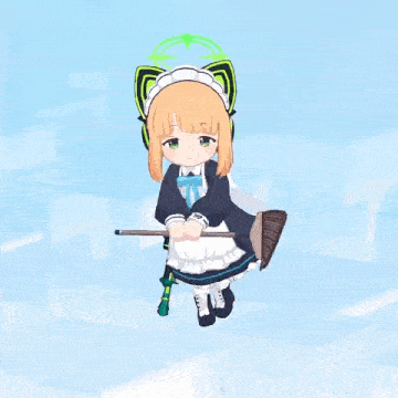 a little girl in a maid costume is holding a broom in her hand .