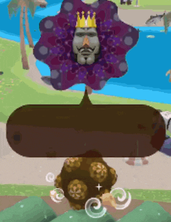 a cartoon character with a crown on his head is standing next to a purple flower