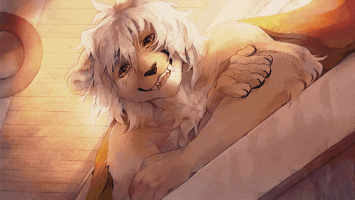 a drawing of a lion with white hair and a hat