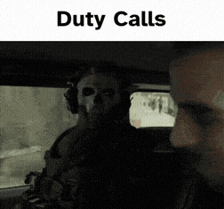 a man in a skull mask is talking to another man in a car with the words duty calls below him