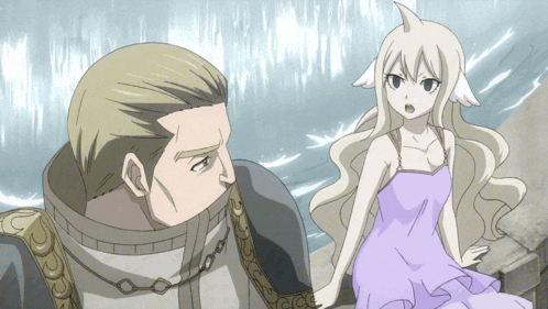 a man and a girl are standing next to each other and the girl is wearing a purple dress