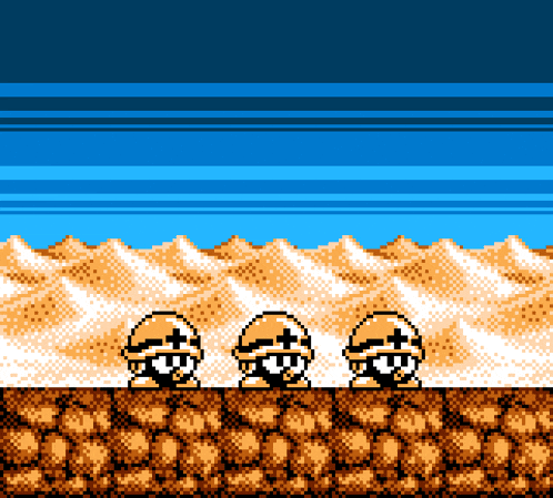 a pixel art of three soldiers standing in a desert