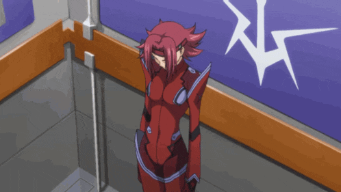 a close up of a cartoon character with red hair and a headband