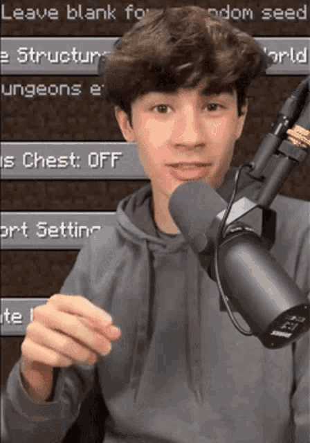 a young man is standing in front of a microphone with the words leave blank for random seed on the screen behind him