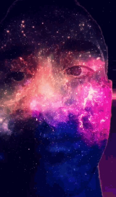 a painting of a person 's face with a galaxy behind it
