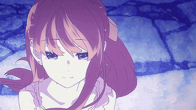 a drawing of a girl with red hair and a purple background