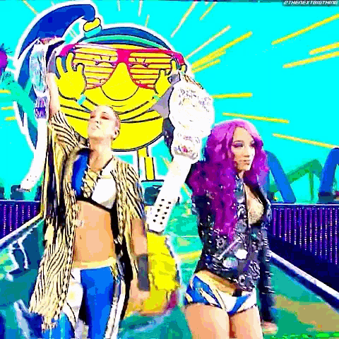 two women with purple hair are standing next to each other in front of a cartoon .