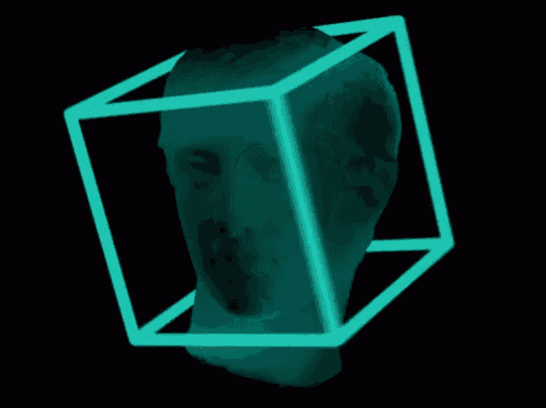 a cube is surrounding a statue of a face