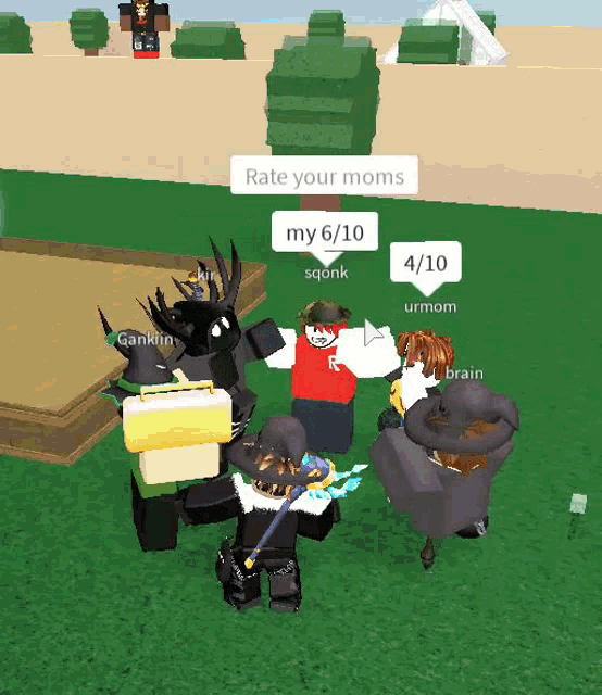 a group of cartoon characters are standing in a field and one of them has a 6/10 rating