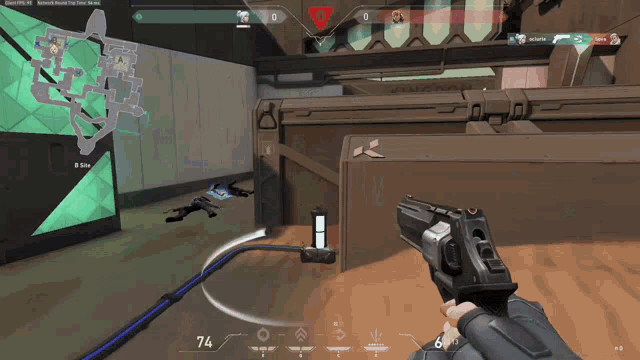 a person holding a gun in a video game with the number 74 visible