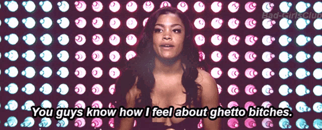 a woman says " you guys know how i feel about ghetto bitches " in front of a polka dot background