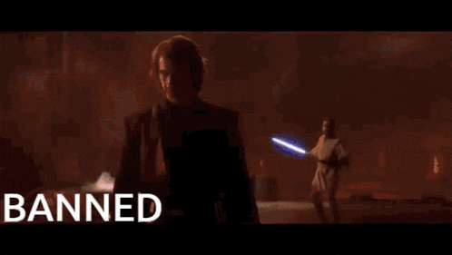 two people are fighting with lightsabers and the word banned is visible in the corner .
