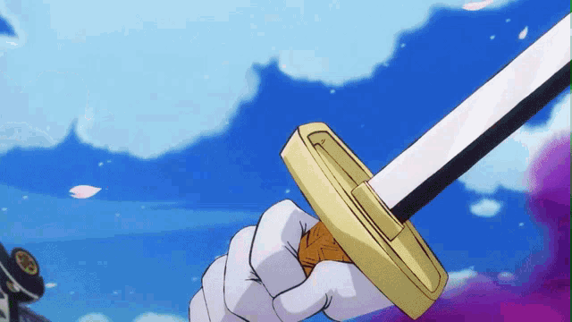 a person is holding a sword in front of a blue sky .