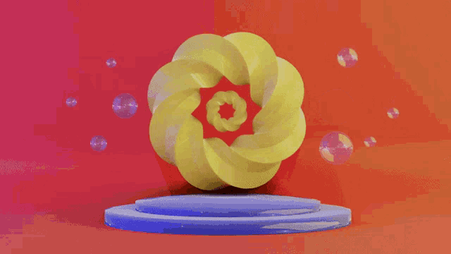 a 3d rendering of a yellow flower with bubbles surrounding it