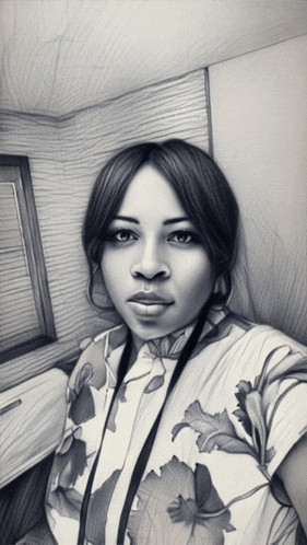 a black and white drawing of a woman with a floral shirt