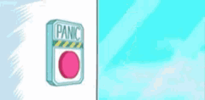 a cartoon character is pointing at a panic button next to a cartoon character pointing at a panic button .