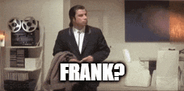 a man in a suit is standing in a room with the word frank written on the screen