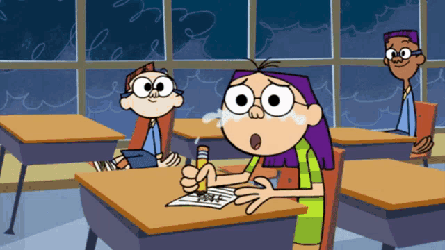 a cartoon of a girl writing on a piece of paper with a pencil