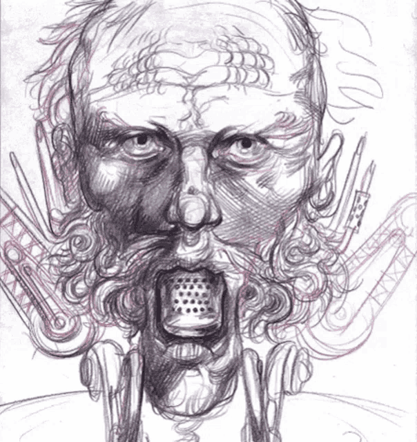 a drawing of a man with a beard holding a microphone