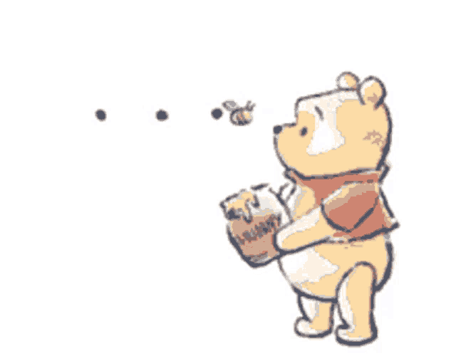 winnie the pooh is holding a jar of honey and a flower