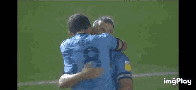 a group of soccer players are hugging each other on the field