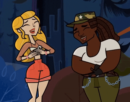 a cartoon of two women laughing with one wearing a hat with a star on it