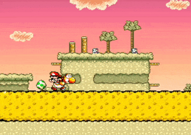 a video game scene with yoshi and mario