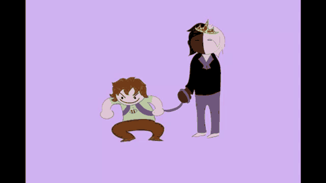 a cartoon of a man holding a leash next to another man .