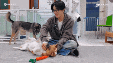 a man playing with a dog in a room that says belift on it