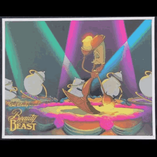 a poster for the beauty and the beast shows a cartoon character holding a lamp