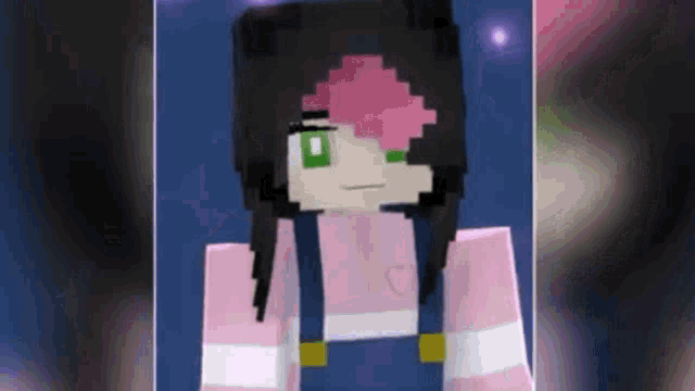 a girl with pink hair and green eyes is wearing overalls and a pink shirt .