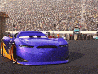 a purple race car from the movie cars is on a track