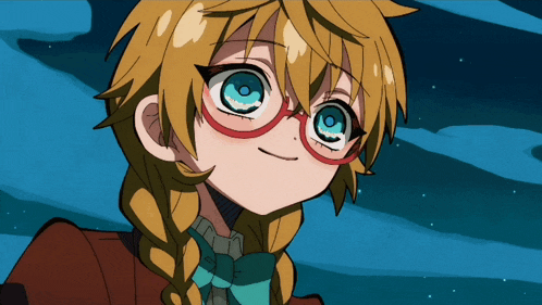 a girl with braids and glasses is smiling and looking up
