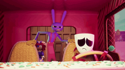 a purple bunny and a white marshmallow are in a pink candy truck