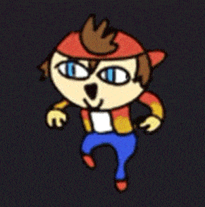 a cartoon character with a surprised look on his face is walking on a dark background .