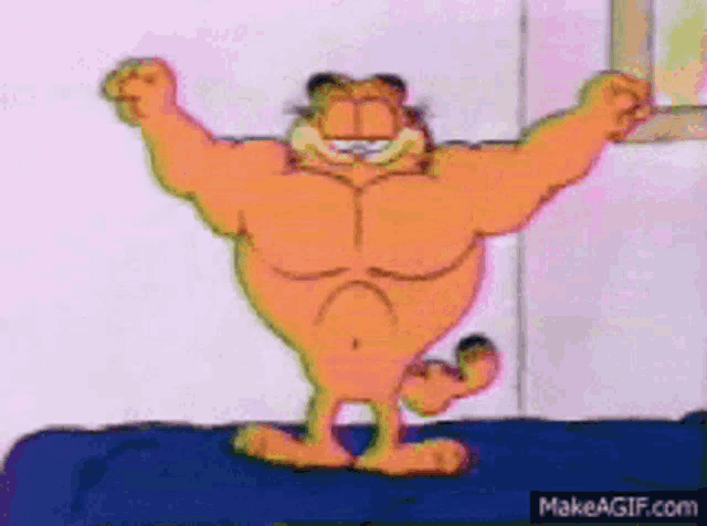 a cartoon of garfield flexing his muscles on make a gif.com