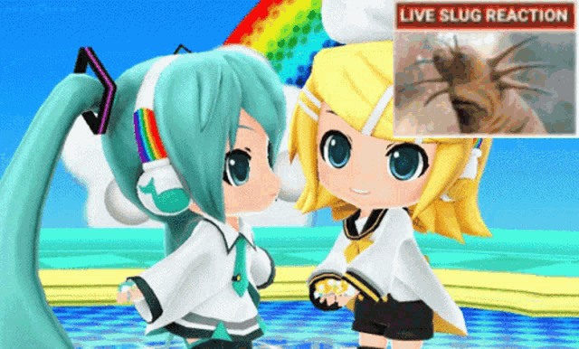 two anime girls are standing next to each other in front of a live slug reaction advertisement