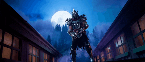 a samurai is standing on a building with a full moon behind him