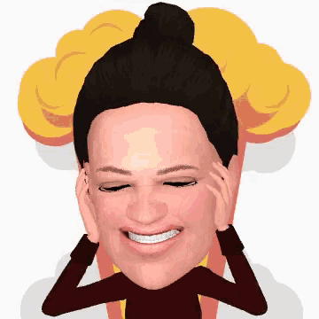a woman with a bun on her head is smiling and covering her face with her hands .