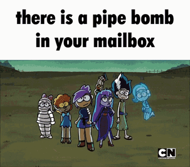 a group of cartoon characters are standing in a field with the words there is a pipe bomb in your mailbox
