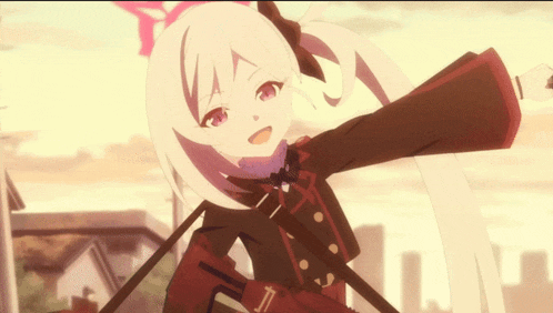 a girl with white hair and red eyes is holding a gun in her hand