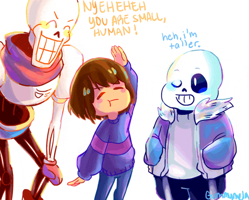 a drawing of papyrus and sans talking to a little girl who is taller than them