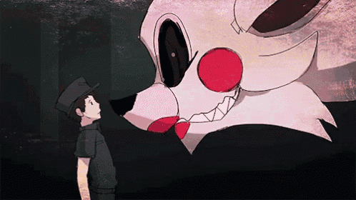 a man standing next to a giant stuffed animal with a red nose and teeth