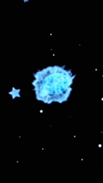 a blue circle with a black background and a few stars