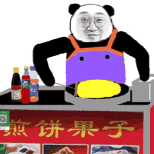a panda is cooking food in front of a food cart with chinese writing on it .