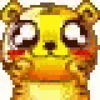 a pixel art drawing of a tiger with big eyes and a smiley face .