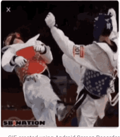 a gif of two taekwondo fighters is being displayed on a screen with a x in the corner