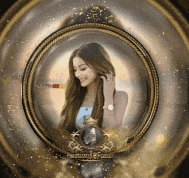 a picture of a woman in a gold frame with the words emotions & family on the bottom